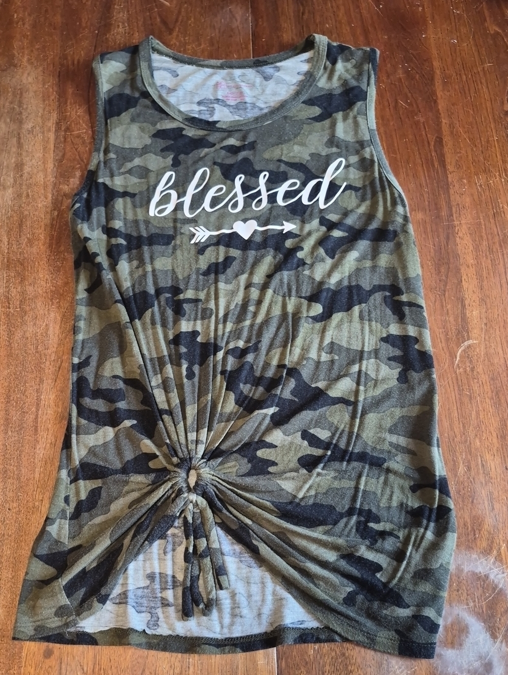 No Boundaries Olive Green Camo 'Blessed' Knot-Front Tank